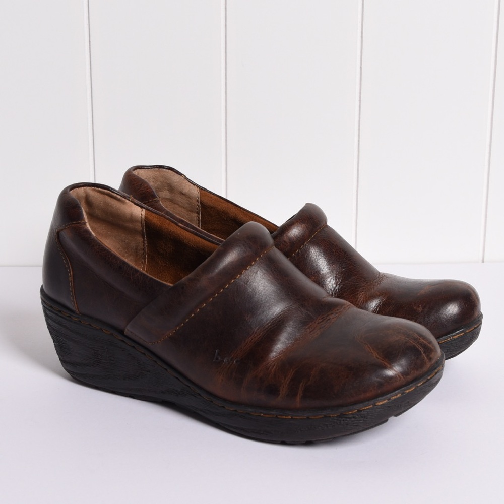 b.o.c.‎ Women's leather wedge clog shoes, brown leather, size 9